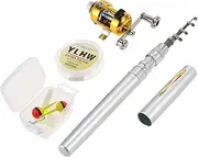 Blelsa Fishing Rod Reel Combo Set Telescopic Portable Pocket Pen Fishing Rod and Reel Aluminum Alloy Fishing Line Soft Lures Baits Jig Hooks Silver