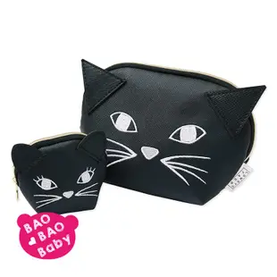 【BAOBAOBABY寶貝日雜包】日本LOWRYS FARM貓咪皮革化妝包兩件組 黑貓零錢包 小物包 鑰匙包 口紅包