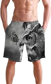 [XYMZR] Men's Swim Trunks Black White Portrait Owl Quick-Dry Bathing Suit Swimming Board Shorts S