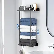 ROLIZOE Towel Rack Wall Mounted for Bathroom with Metal Shelf and 3 Hooks Height Adjustable Towel Holder Organizer for Bath Towels Rolled Towels Hand Towels Storage Rack for Saunas, RV, Black