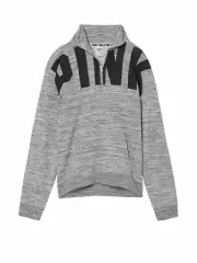 Victorias Secret Pink Logo Graphic Quarter-Zip Pullover Sweatshirt Gray Marl NWT