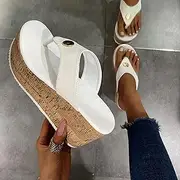 [JSMY] Women's Platform and Wedge Sandals Casual Summer Flip Flops Thongs Faux PU Leather Thick Bottom Slip on Slides Slippers Anti Slip Comfy Mules Beach Walking Shoes,White,US12/EU43