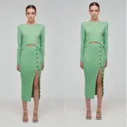 NWT Self-portrait Ribbed Knit Midi Dress Spearmint Cut Out Button Details S