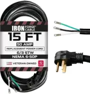 Iron Forge Cable NEMA 6-50 Extension Replacement Cord w Open End 15ft RT21