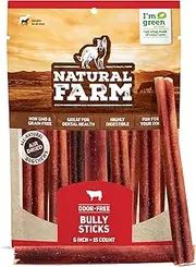 Natural Farm Bully Sticks – 6-Inch Long, 15-Count (12oz/0.75lb Per Pack) – One Ingredient: 100% Beef Chews, Grass-Fed, Non-GMO, Grain-Free, Fully Digestible Treats for Puppies, Small or Senior Dogs