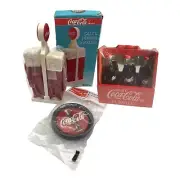 6 Mini Coca-Cola Bottles in Wooden Crate + Aluminum Coasters & Salt/Pepper Lot