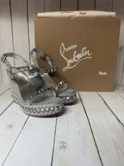 Christian Louboutin Glitter Nappa Mica Pyraclou Wedge Sandals Silver Sz 37 / 7