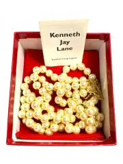 Vintage In Box Kenneth Jay Lane Signed Gold Tone Triple Strand Pearl Necklace
