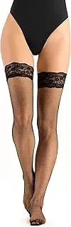 [OVISSA] Women's Hold Up Stocking With Lace Top Silk Anti-skid Silicone Sheer Thigh High Stocking Ladies Sexy Lingerie With Wide Lace Band 40 Denier SE805, Fishnet Black, Large