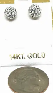 14KT PURE SOLID YELLOW GOLD 8MM CRYSTAL BALL Stud Earrings GIFT BOX FREE SHIPING