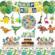 Dinosaur Birthday Party Supplies, 104 Pcs Supplies Set for Boys and Girls, Include Balloons, Banner, Tablecloth, Stickers, Hanging Swirls, Aluminum Film Cake Topper Cupcake Toppers