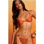 Rust Ruched Mesh Panel Cup Bikini Top, Rust