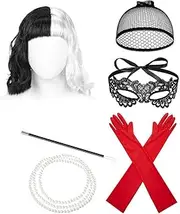 AUTOWT 7PCS Cruella Women's Costume Accessories,70s Halloween Short Black White Cosplay Wigs Set with Fringe Lace Mask Gloves Necklace Wig Hat for Adults Fancy Dress Cosplay Party
