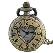 Bronze Heart Shape Retro Pocket Watch Antique Quartz Movement Vintage Necklace