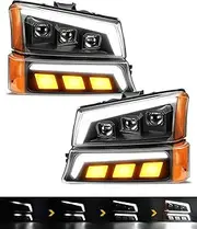 LED Headlights Assembly DOT Approved with Start-up Light DRL Sequential Turn Signal Hi/Low Sealed Beam Side Marker Lights Replacement for Silverado Avalanche 2003-2006