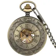 Antique Style Roman Number Hollow Skeleton Mechanical Pocket Watch FOB Chain