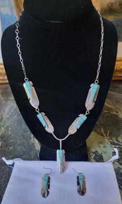 SET NATIVE AMERICAN NAVAJO STERLING SILVER TURQUOISE NECKLACE EARRINGS YZ YAZZIE