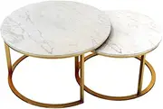 Contemporary Coffee Table Set, Modern Faux Marble-Look Top End Table Set, Home Living Room Furniture, White and Gold,Φ 70/80cm