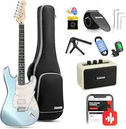 [Donner] Electric Guitar, 39" Electric Guitar Kit HSS Pickup Coil Split, DST-152R Beginner Set with Amp, Bag, Capo, Strap, String, Tuner, Cable, Picks, Metallic Ice Blue