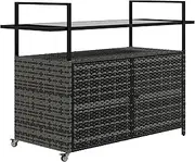Outsunny PE Rattan Outdoor Bar Table, Outdoor Kitchen Island with 2-Tier Shelf & Cabinet, Patio Serving Cart with Glass Top, Handles, Towel Racks for Poolside, Garden, Mixed Gray