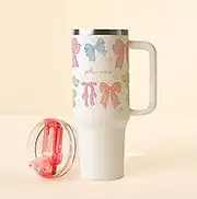 The Darling Effect Phi Mu Sorority Gifts Tumbler with Handle and Flip Straw Lid Stainless Steel Insulated Travel Mug Rush Essentials Pink Bow Print