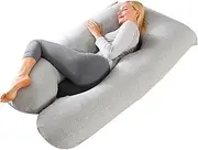 Pregnancy Pillow, Maternity Full Body Pillow for Back, Legs and Belly Support, U Shaped Full Body Pillow for Pregnant Women and Side Sleepers with Removable Cover (Knit Cotton, Grey)