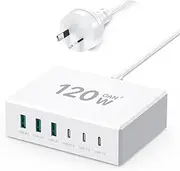 USB C Charging Station, 6 Port【3 USBC + 3 USBA】 Total 120W Charger Block Hub, Fast Charge PD20W Type C Plug, Multiple Power Adapter Compatible with iPhone 11/12/13/14/15/16/Galaxy S21/S22/S23/Tablet