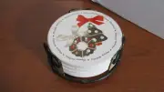 HAPPY HOLIDAYS Cork Bottom COASTER SET in METAL HOLDER ~ New