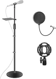 EMART Microphone Stand, Adjustable Floor Mic Stand Round Base with Anti-Dropout Filter for Singing, Anti-Shock Stand, Barrel Microphone Stand, Tray, Cable Clip