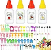 WXOIEOD 64 Pieces Condiment Squeeze Bottles Bento Lunch Box Accessories, Soy Sauce Container Mini Ketchup Bottles Reusable Condiments Containers with Lids and Animal Fruit Food Toothpicks