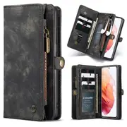 CaseMe For Samsung Galaxy S21 Zipper & Detachable Retro Leather Pouch Wallet Flip Purse Bag Detachable Phone Case Cover (Black)