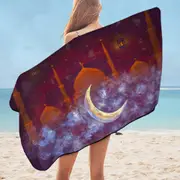 Purplish Art Painting Mosque and Crescent Moon Microfiber Beach Towel