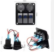 3 GANG Switch Panel + Cig/Power Socket DUAL USB Outlet - LED Caravan 12v Rocker