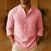 Men's Shirt Linen Shirt Popover Shirt Casual Shirt Cotton Shirt Plain Vacation Hawaiian Dark Pink Black White Khaki Long Sleeve Band Collar Spring Fall Clothin
