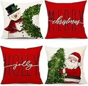 Red Christmas Pillow Covers 18x18 Set of 4 Farmhouse Christmas Decorations Snowman Wreath Santa Claus Tree Merry Christmas Holly Jolly Winter Holiday Decor Throw Cushion Case for Home Couch S22C17