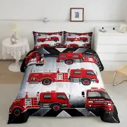 Manfei Fire Truck Comforter Set Queen Size Red Fire Engine Duvet Insert Carto...