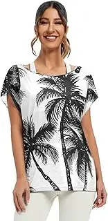[RPLIFE] Black White Coconut Palm Trees Batwing Tee Off Shoulder Top, S-XXL Casual Blouse