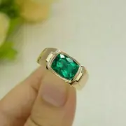 2Ct Cushion Cut Simulated Green Emerald Men's Ring 925 Silver Gold Plated