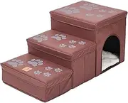 Dog Stairs with Pet Bed& Sofa,Foldable 3 Tiers Steps Dog Steps with Storage Boxes,Pet Ramp Pet Ladder for Dogs Cats,3 in 1 Pet Safety Ladder,House for Small Dog and Cat red