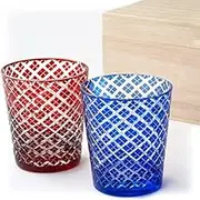 Kiriko glass pair set, Rock glass, Old glass, Shochu glass, Boxed in paulownia wood,240ml (Yarai)