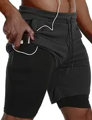 [JWJ] Mens 2 in 1 Running Shorts Quick Dry Gym Athletic Workout Clothes with Side Pockets