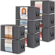 Lifewit 8 Pack Clothes Storage Bag, Foldable Storage Bins for Clothes, Blankets, Fabric Wardrobe Closet Organizers with Reinforced Handle, Sturdy Zipper, Moving Bags with Clear Window, Grey