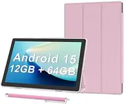 Android 15 Tablet 10 inch Tablets with Case, 12GB RAM + 64GB ROM (Expand to 1TB), Quad Core Processor Tablets, 5G WiFi 6, BT5.0, 1280x800 HD Screen, 6000mAh, Dual Camera, GMS, Widevine L1, Pink
