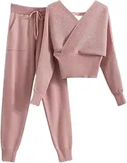 [Generic] Women's Sweater Two Piece Set Women Ribbed Knitted Backless Top And Long Harem Pant Suit