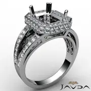 Emerald Cut Semi Mount Halo Pave Diamond Engagement Ring 18k White Gold 0.84Ctw