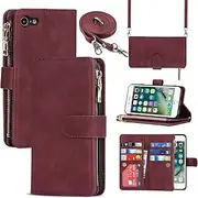for iPhone SE 2022 / SE 2020/8 / 7 Zipper Wallet Case with Crossbody Wrist Strap SunYoo Case ケース 9 Card Holder Leather Cover Kickstand Lanyard Wristlet Coque Porte Feuille -Wine