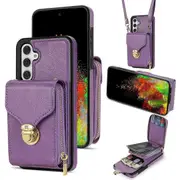 For Samsung Galaxy S24 FE Case Zipper Wallet Leather+TPU Phone Cover with Strap