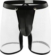 [Maiyifu-GJ] Men's See Through Underwear Faux Leather Sexy Shorts Breathable Mesh Low Rise Briefs Short Pants Fishnet Panties