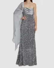 $990 Badgley Mischka Women's Silver Sequined One Shoulder Gown Dress Size 14