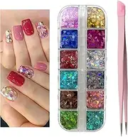 EKIND Nail Art Kit, Nail Art Sequins, Double Ended Nail Art Tweezers, Versatile Hexagonal Sequins Nail Decoration for Nail Design, Makeup, DIY Crafts, Clothing (12 Grids, Hexagonal Sequins)